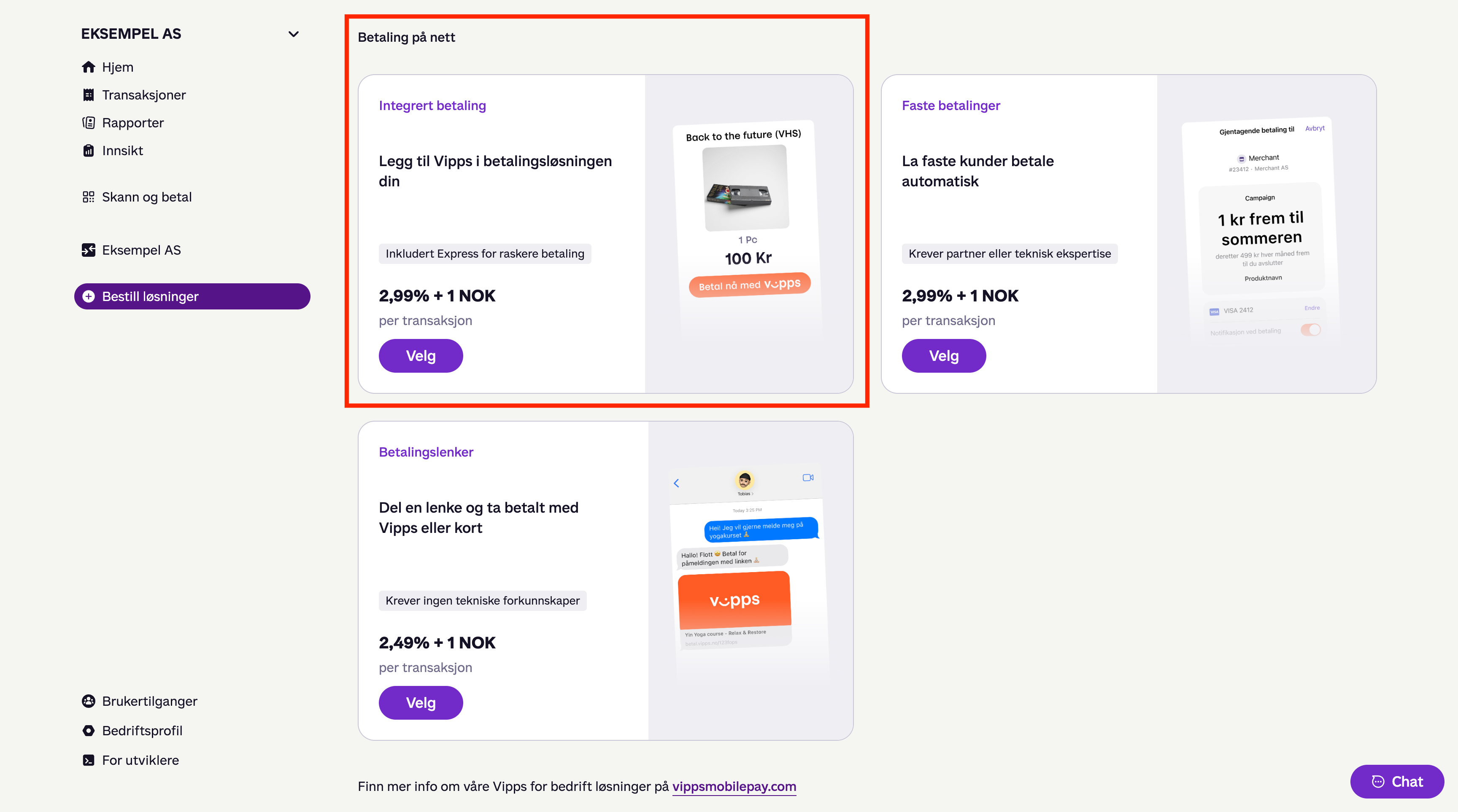 «Bestill løsninger»-siden med Integrert betaling uthevet under Betaling på nett