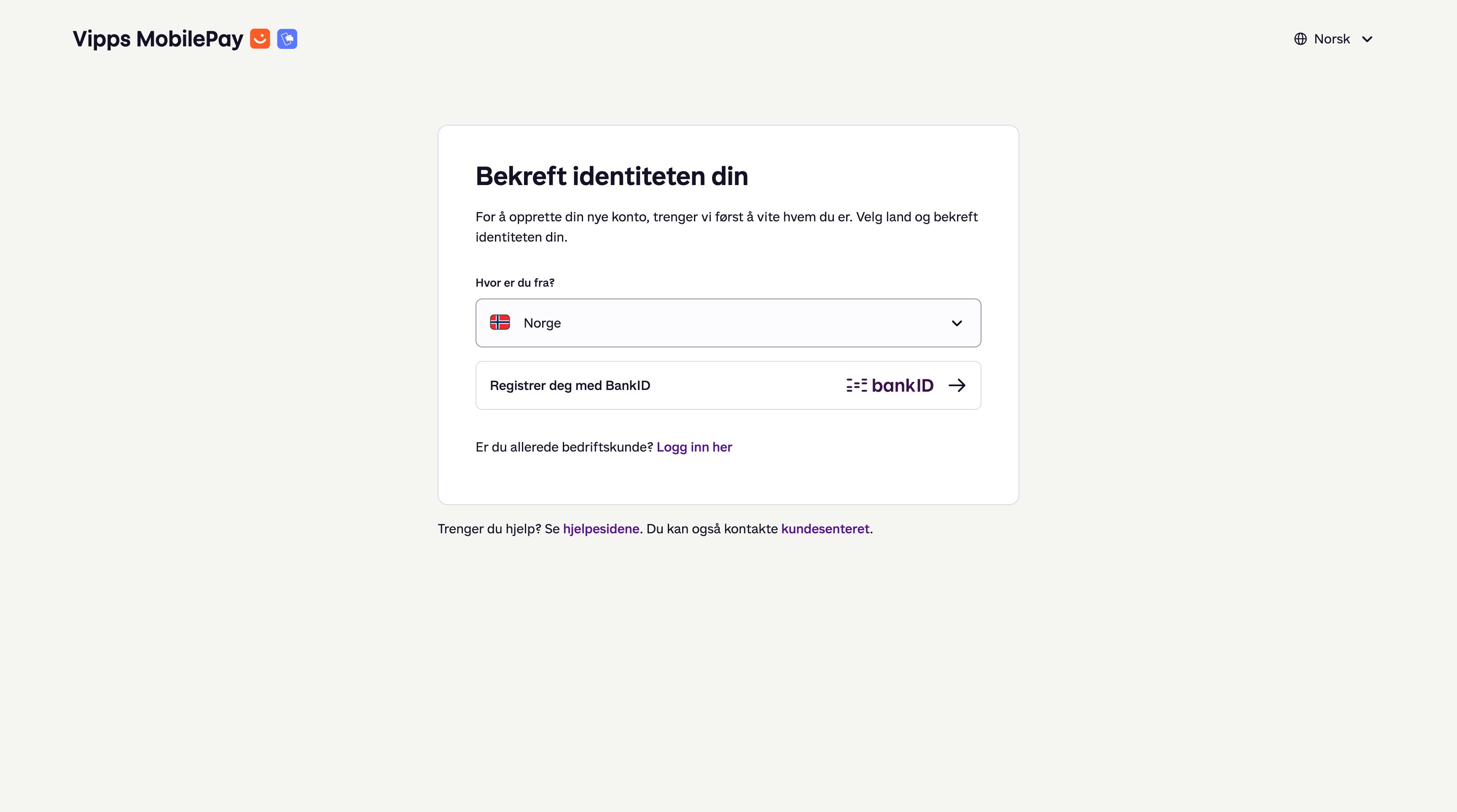 Vipps-siden «Bekreft identiteten din» med landvalg og knappen for å registrere seg med BankID