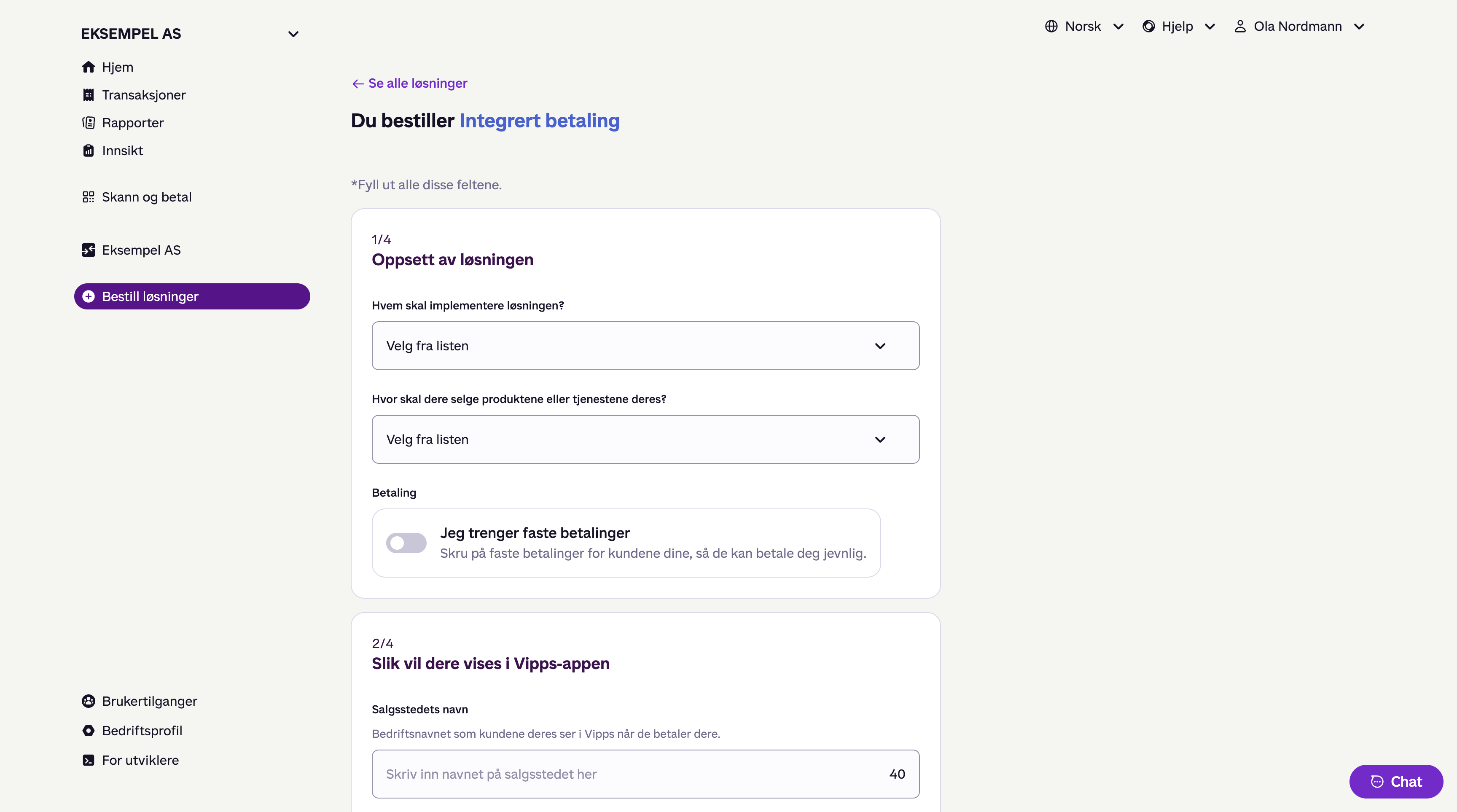 Bestillingsskjemaet «Du bestiller Integrert betaling» med oppsett av løsningen og hvordan salgsstedet vises i Vipps-appen