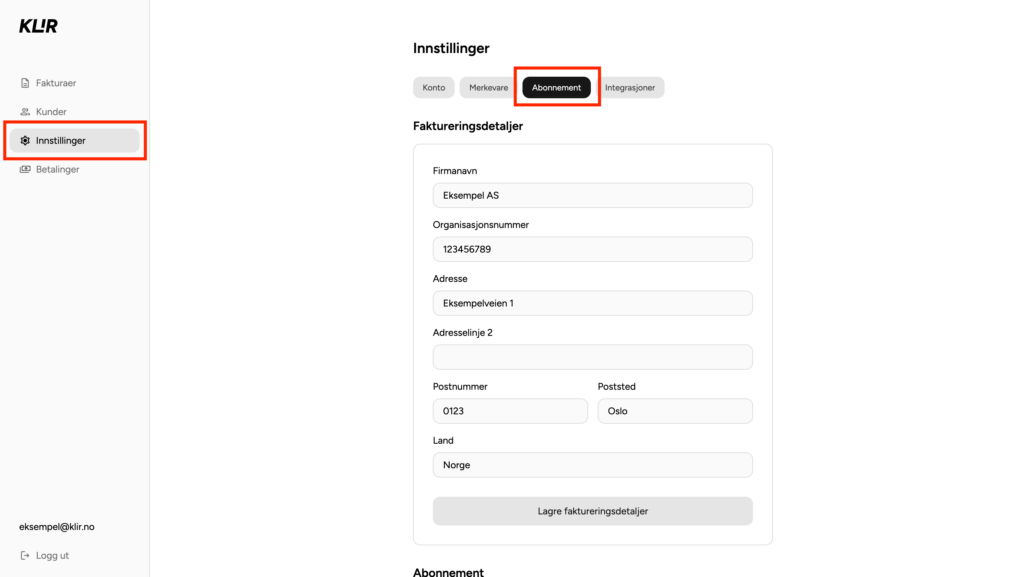 Faktureringsdetaljer-skjemaet i Klir, utfylt med eksempeldata