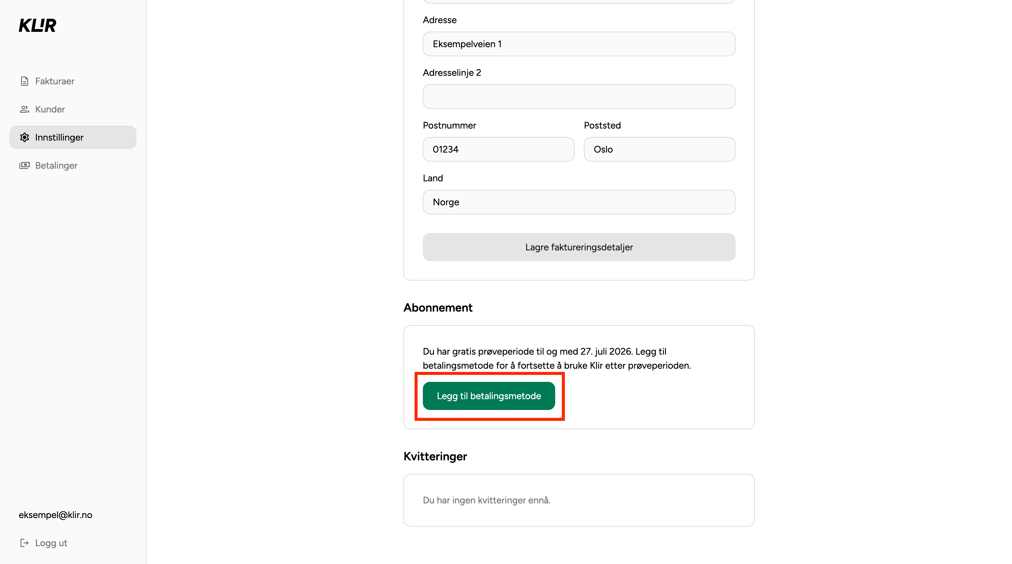 Abonnement-fanen med «Legg til betalingsmetode»-knappen i prøveperioden