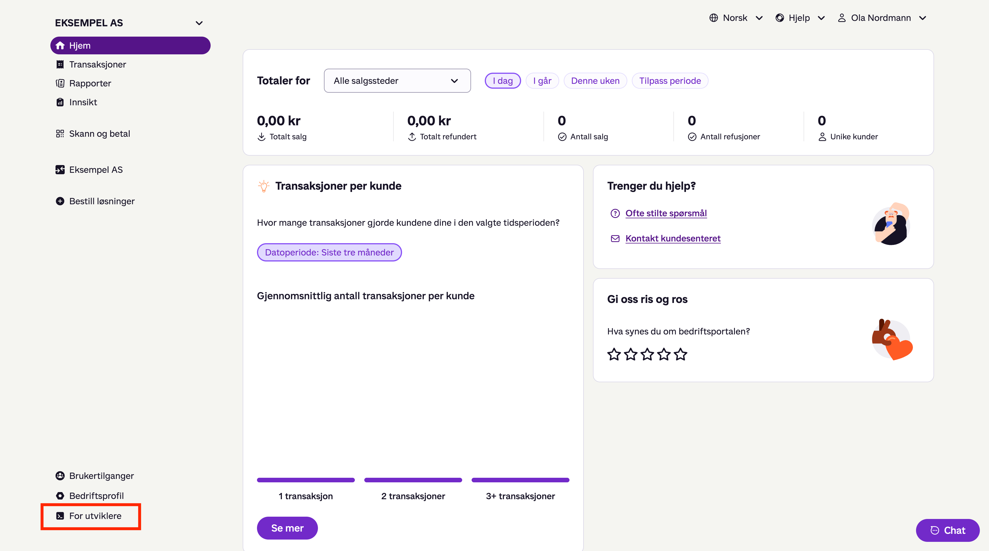 Bedriftsportalens dashbord med «For utviklere» nederst i sidemenyen