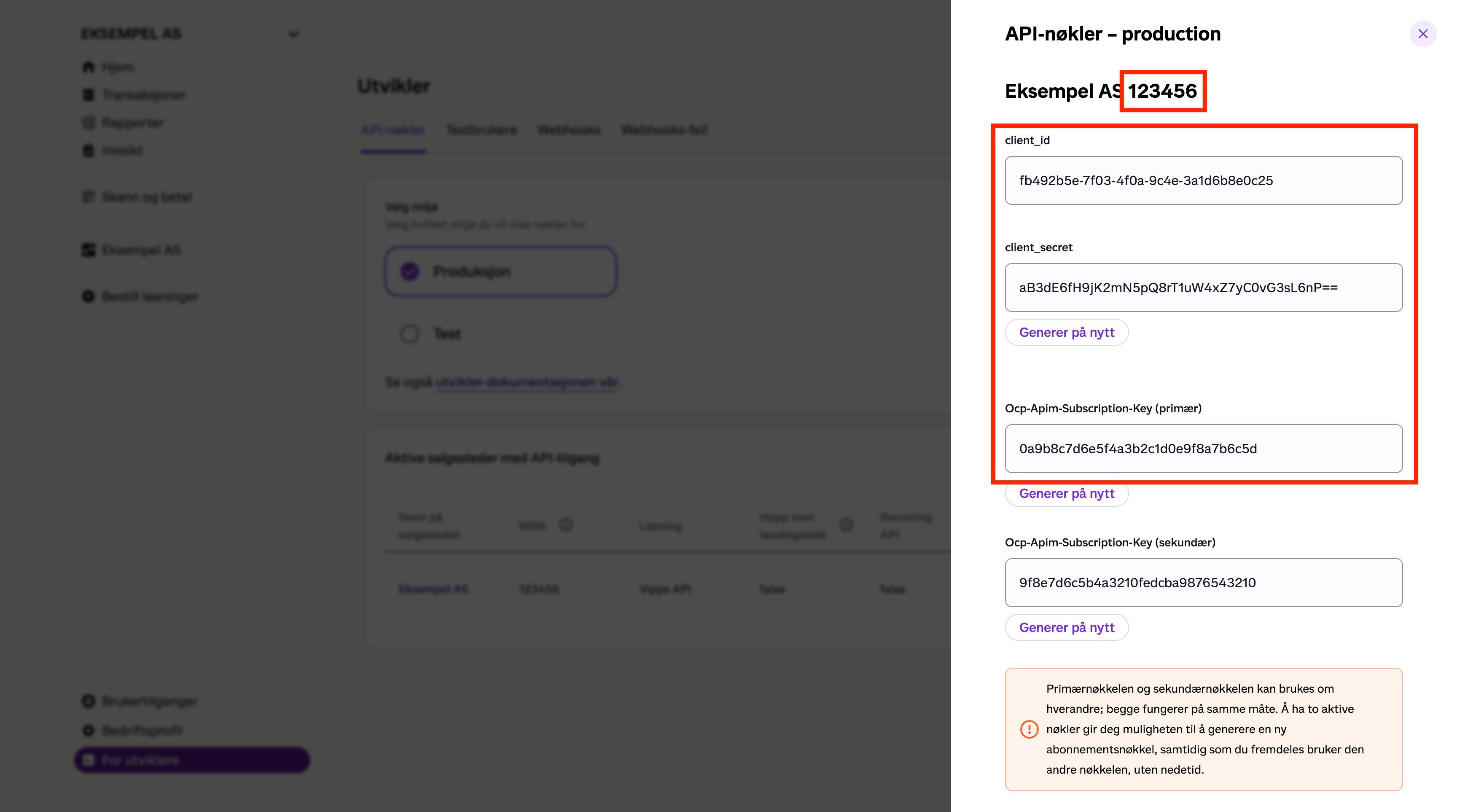 API-nøkler-panelet i bedriftsportalen med client_id, client_secret og subscription-nøkler