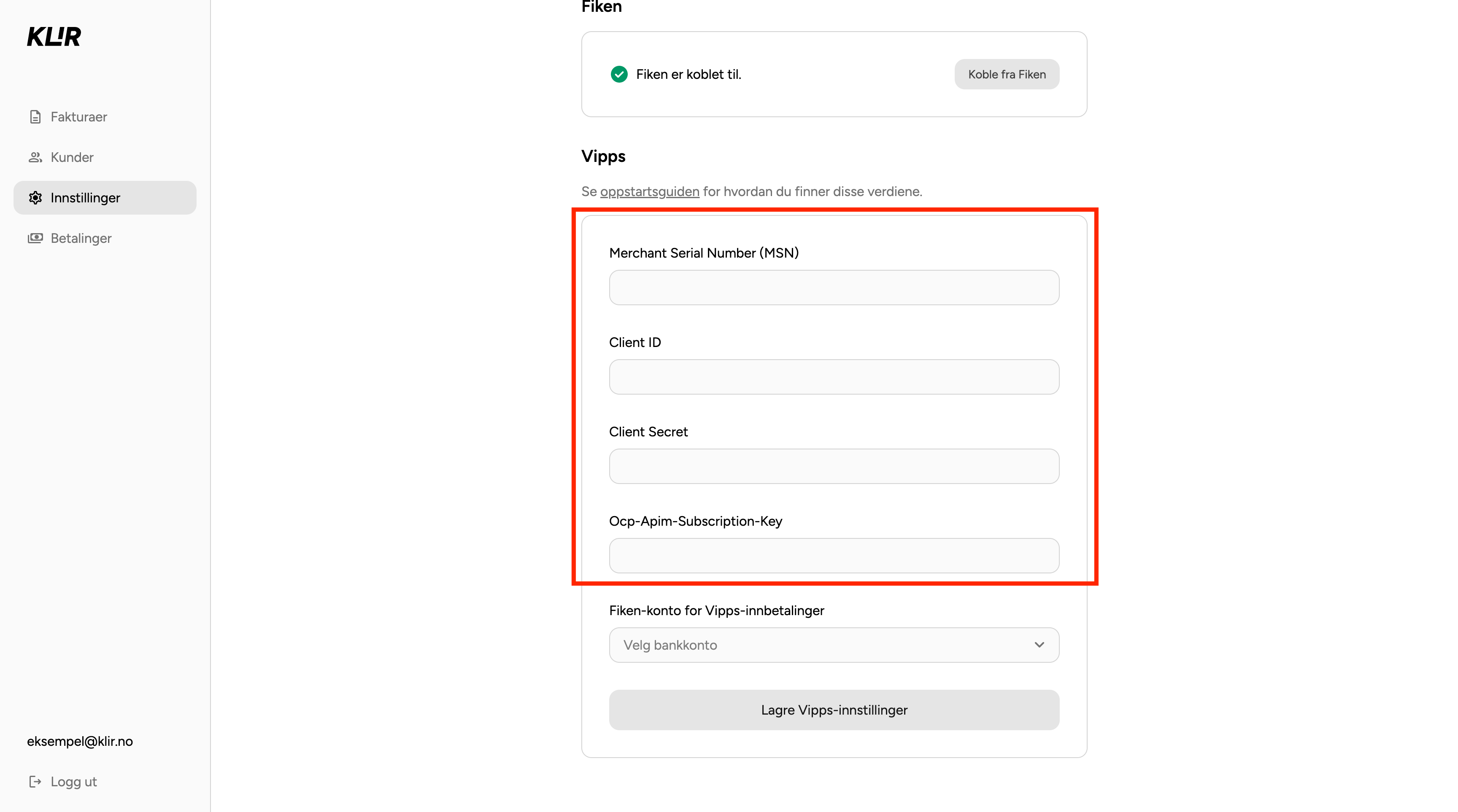 Vipps-skjemaet i Klir med felt for MSN, Client ID, Client Secret og subscription-nøkkel