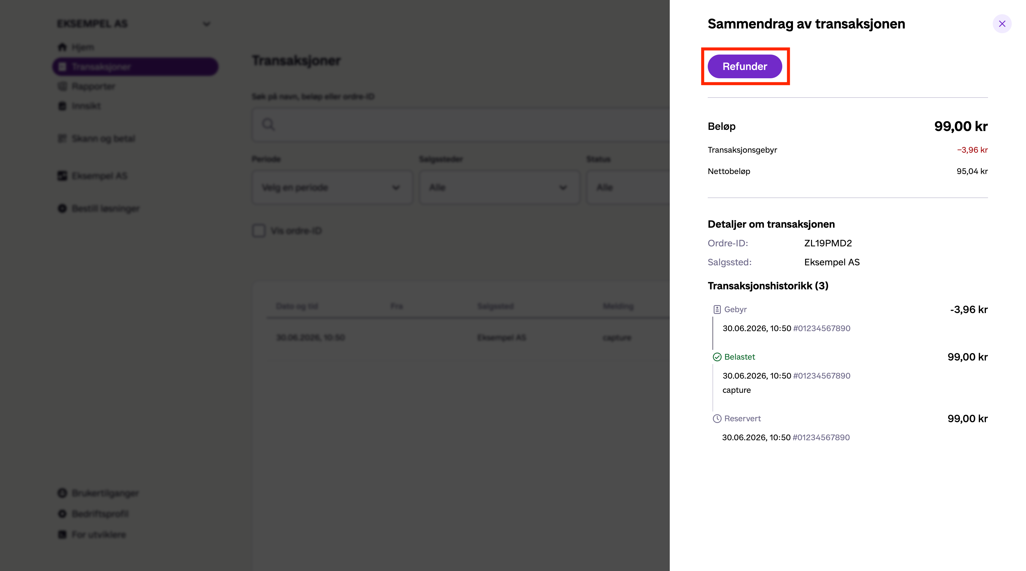 Transaksjonssammendraget i Vipps med «Refunder»-knappen