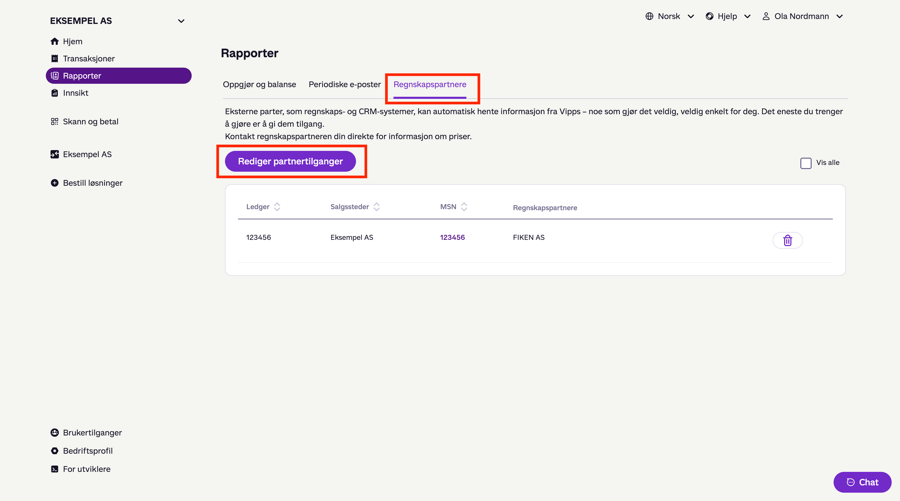 Regnskapspartnere-fanen i Vipps bedriftsportal med «Rediger partnertilganger»-knappen