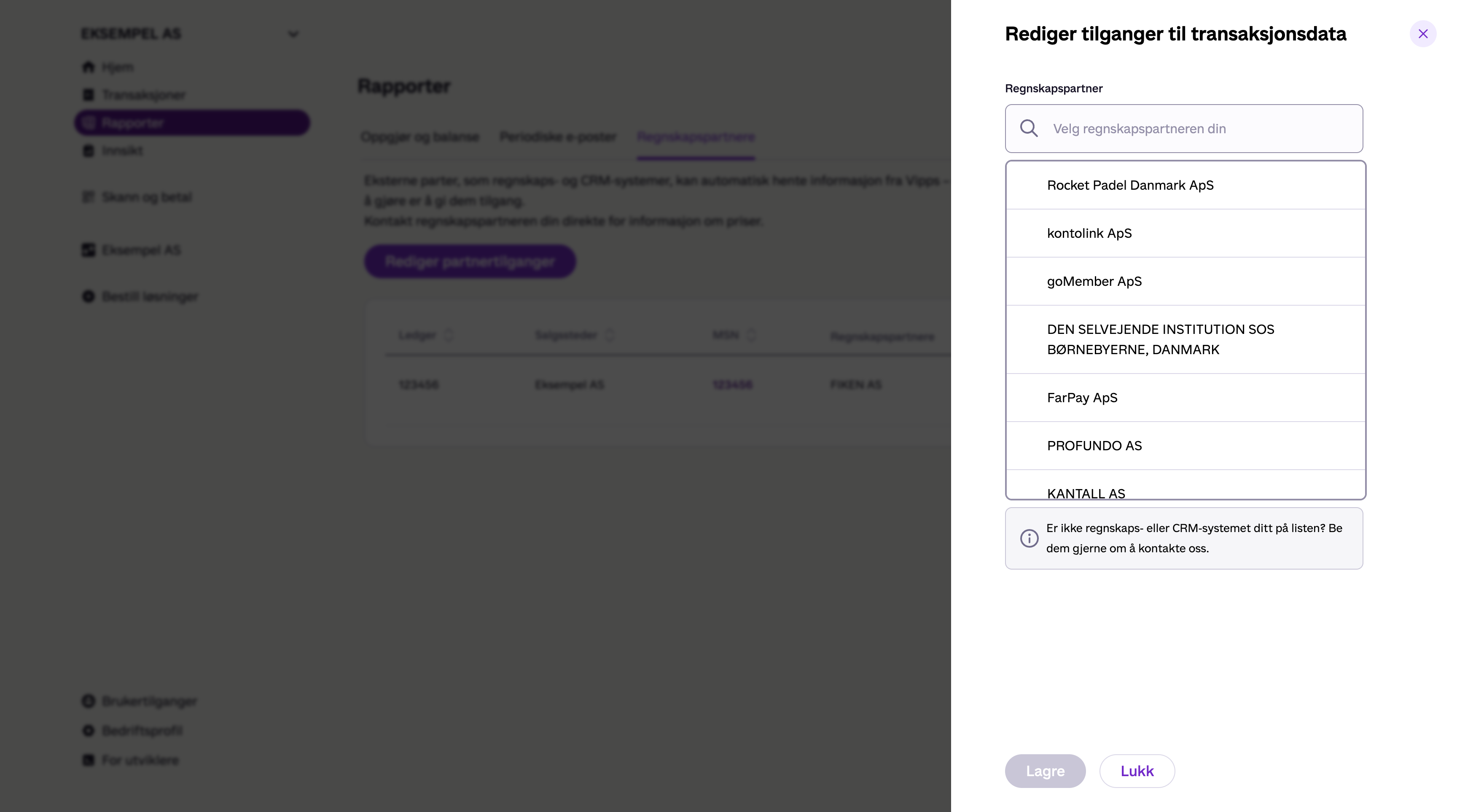 Panelet «Rediger tilganger til transaksjonsdata» med søkefelt for regnskapspartner